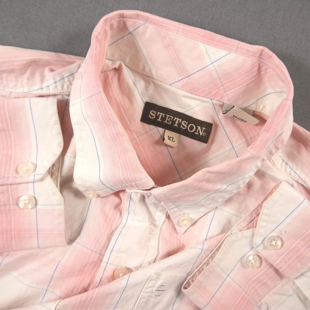 Stetson Western Ranch Cowboy Plaid Men Shirt XL Pink White Retro Rodeo Country